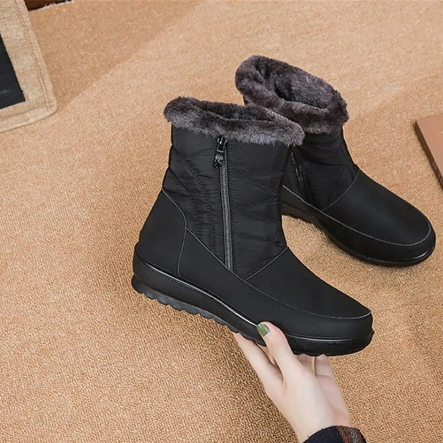 Snow Boots for Womens Winter Shoes Warm Fleece Lined Mid Calf Boots Women Anti Slip Water-proof Side Zipper Comfortable Outdoor Boot Platform Wedge Booties for Ladies Walking Hiking Shoes