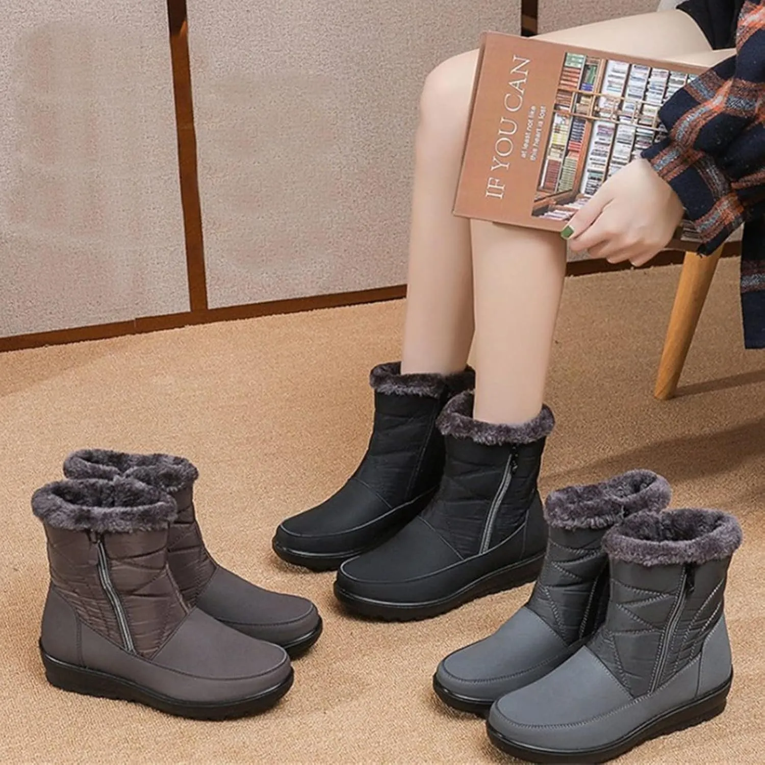 Snow Boots for Womens Winter Shoes Warm Fleece Lined Mid Calf Boots Women Anti Slip Water-proof Side Zipper Comfortable Outdoor Boot Platform Wedge Booties for Ladies Walking Hiking Shoes
