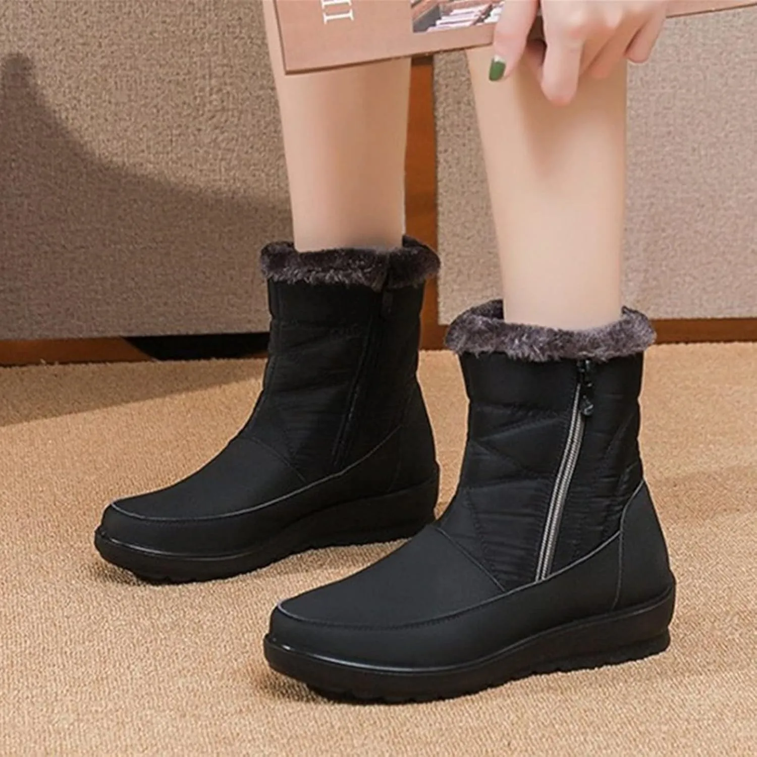 Snow Boots for Womens Winter Shoes Warm Fleece Lined Mid Calf Boots Women Anti Slip Water-proof Side Zipper Comfortable Outdoor Boot Platform Wedge Booties for Ladies Walking Hiking Shoes