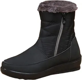 Snow Boots for Womens Winter Shoes Warm Fleece Lined Mid Calf Boots Women Anti Slip Water-proof Side Zipper Comfortable Outdoor Boot Platform Wedge Booties for Ladies Walking Hiking Shoes