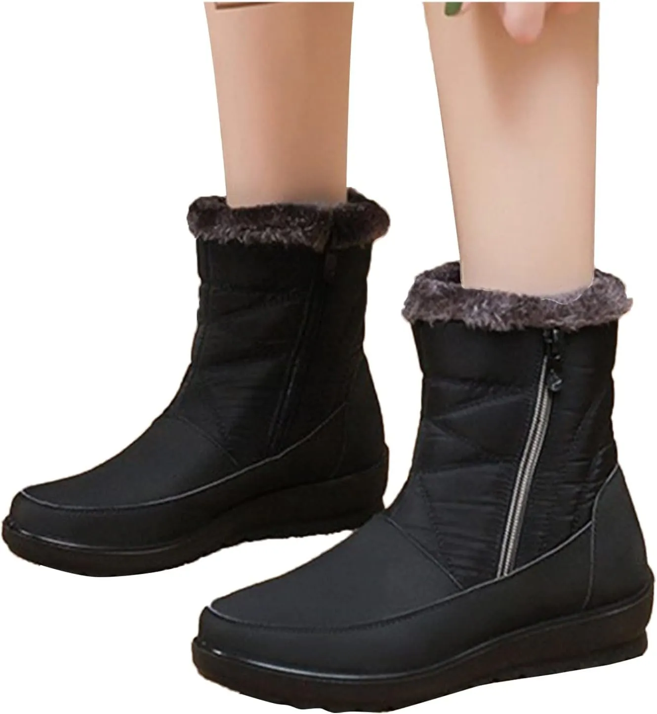 Snow Boots for Womens Winter Shoes Warm Fleece Lined Mid Calf Boots Women Anti Slip Water-proof Side Zipper Comfortable Outdoor Boot Platform Wedge Booties for Ladies Walking Hiking Shoes