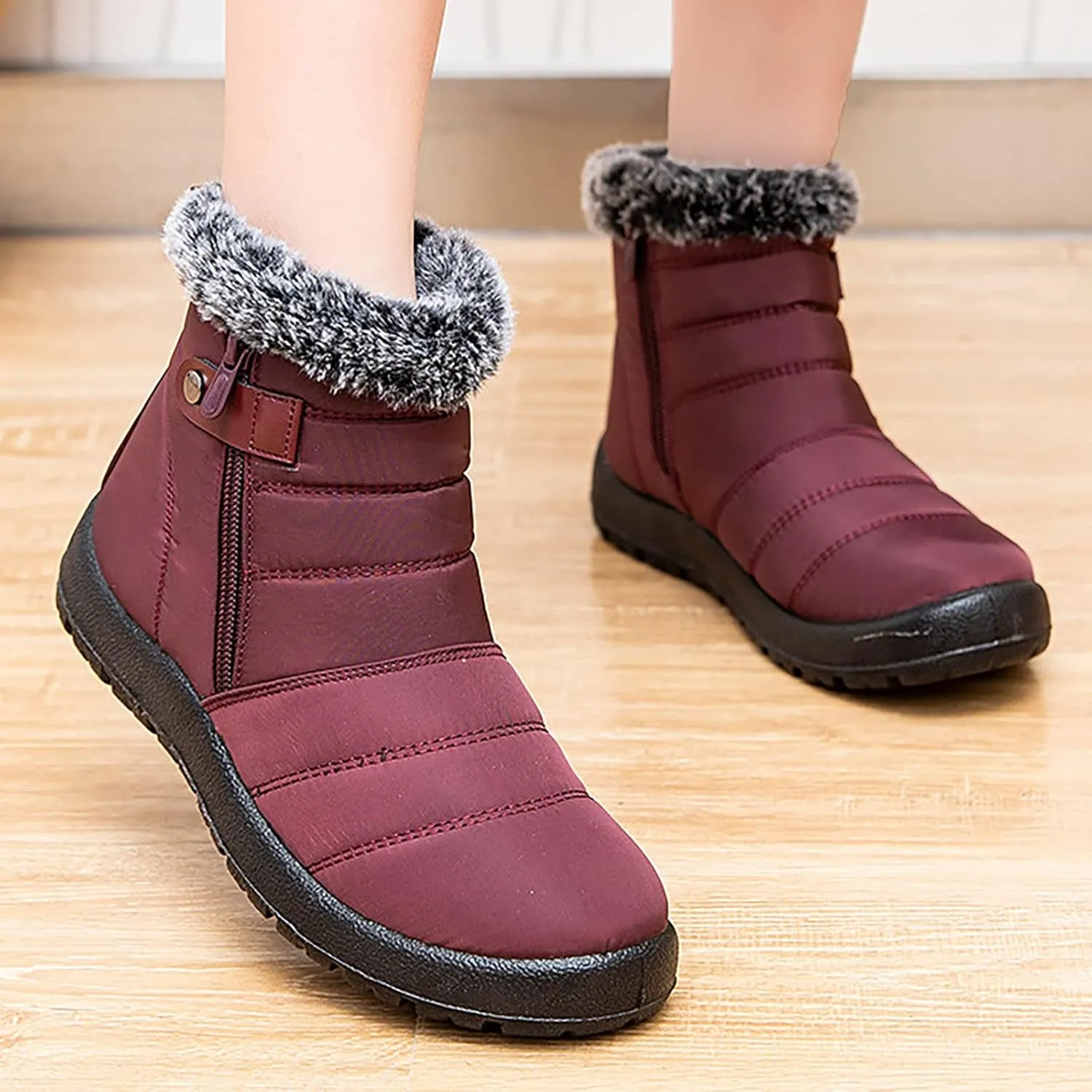 Snow Boots Womens Winter Ankle Boots for Ladies Fleece Lined Warm Booties Thickening Shoes Water Proof Zip Up Flat Sneakers Anti-Slip Outdoor Booties Comfortable Slip On Mid Calf Boots