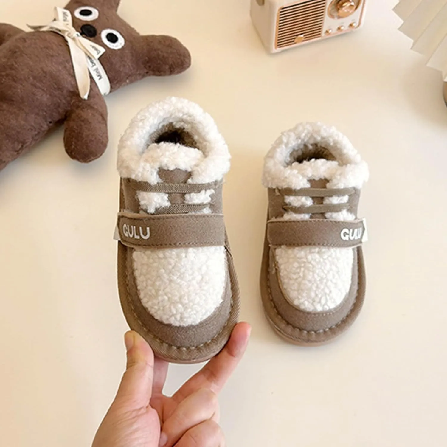 Snow Sneakers for Boys Girls, Suede Platform Warm Fr Lined Fashion Slip-on Comfortable Winter Flat Ankle Shoes