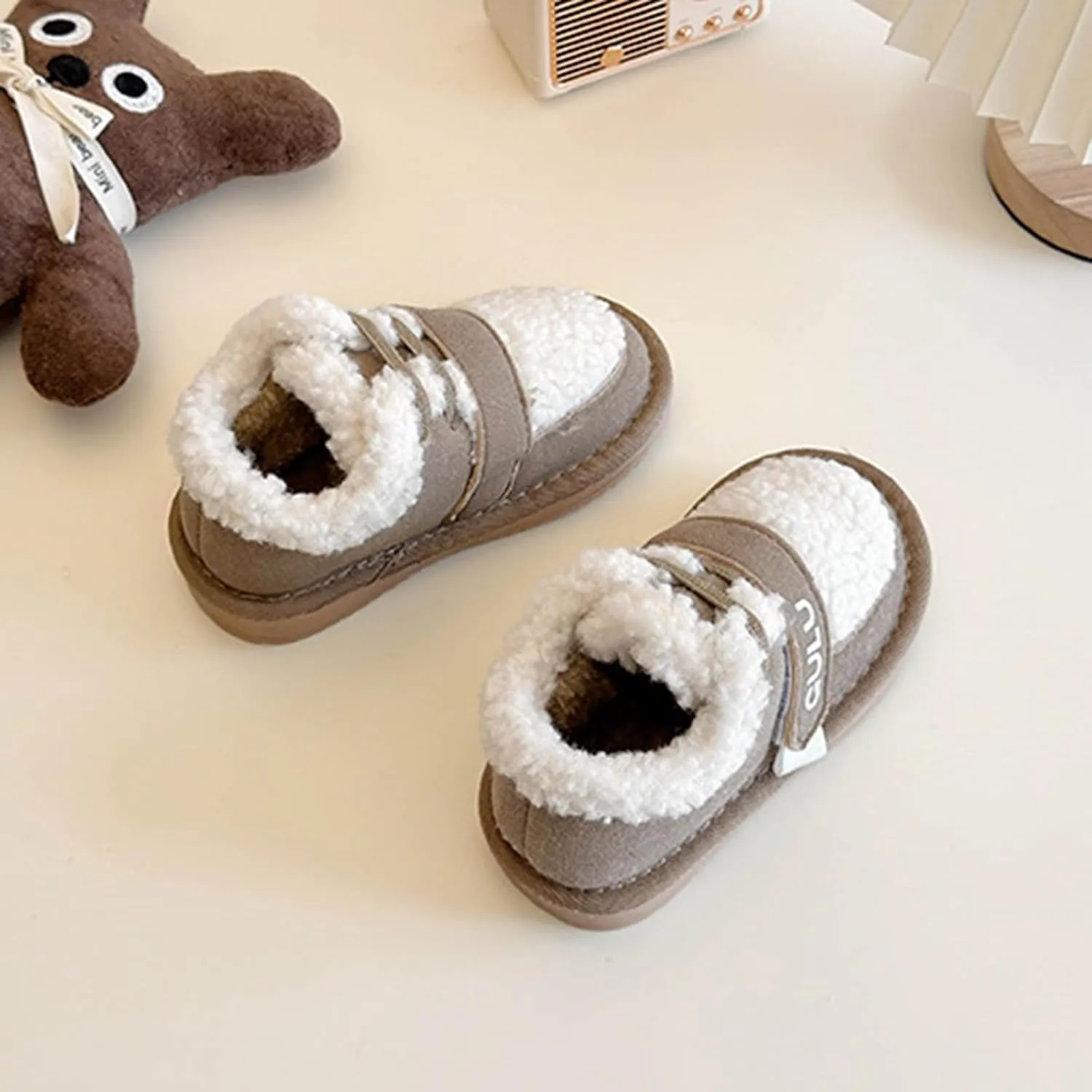 Snow Sneakers for Boys Girls, Suede Platform Warm Fr Lined Fashion Slip-on Comfortable Winter Flat Ankle Shoes