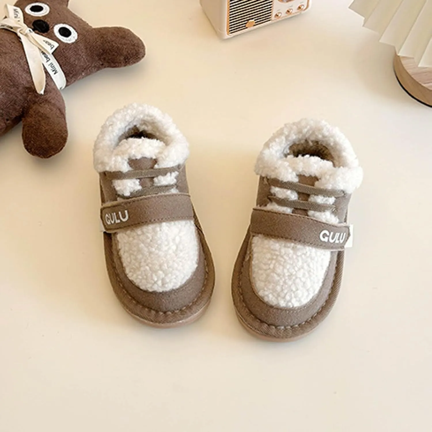 Snow Sneakers for Boys Girls, Suede Platform Warm Fr Lined Fashion Slip-on Comfortable Winter Flat Ankle Shoes