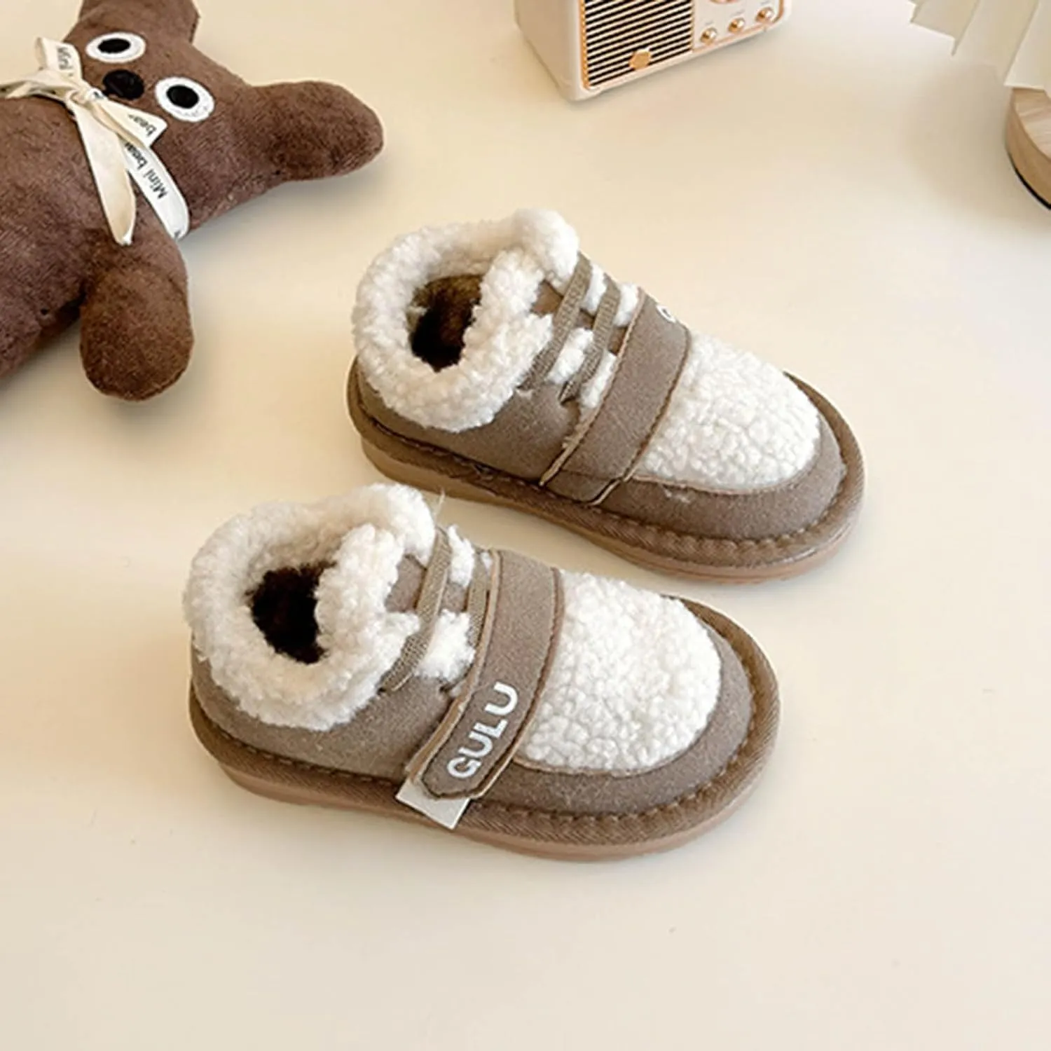 Snow Sneakers for Boys Girls, Suede Platform Warm Fr Lined Fashion Slip-on Comfortable Winter Flat Ankle Shoes