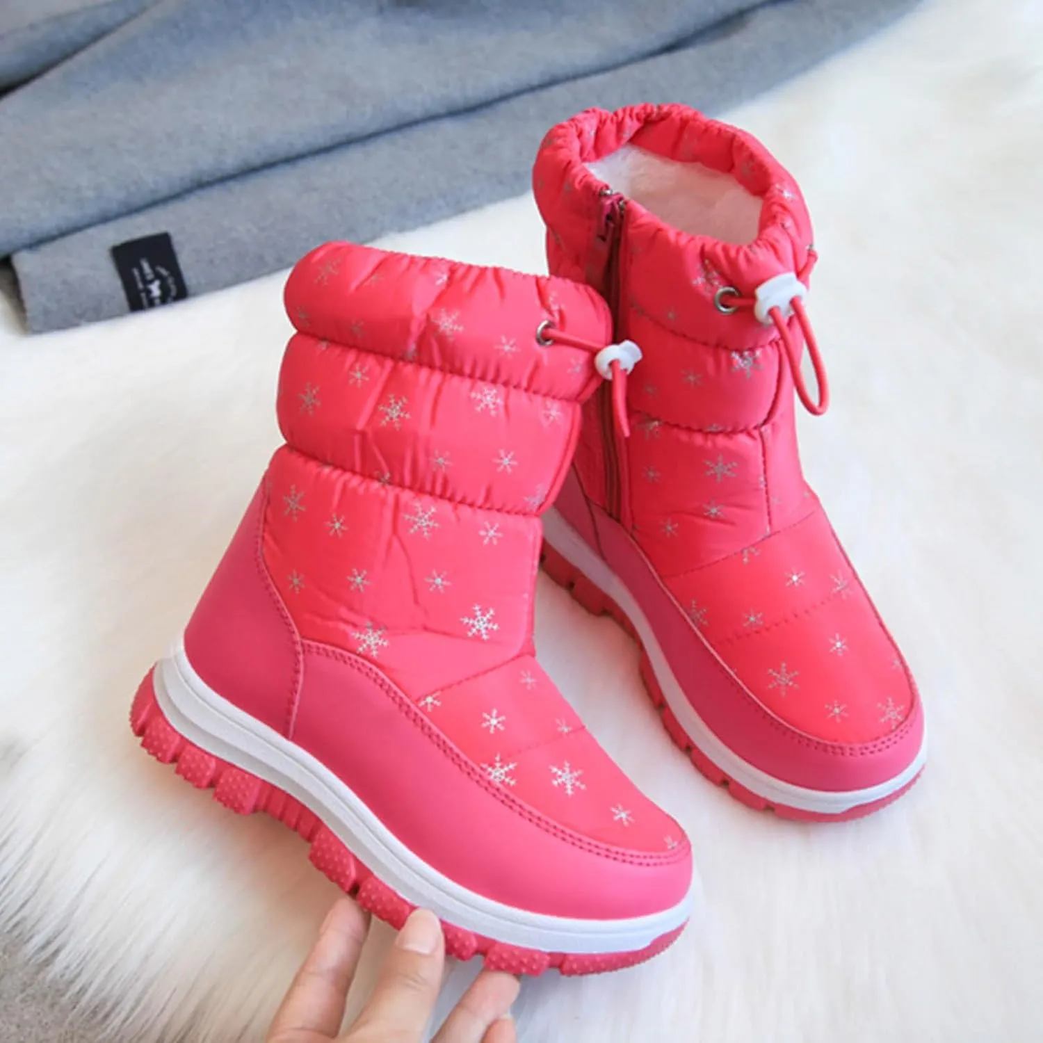 Snowshoes For Kids Thick Soles Non Slip Mid Calf Winter Chunky Snow Boots Girls Fur Lined Boots Insulated Hiking Boots