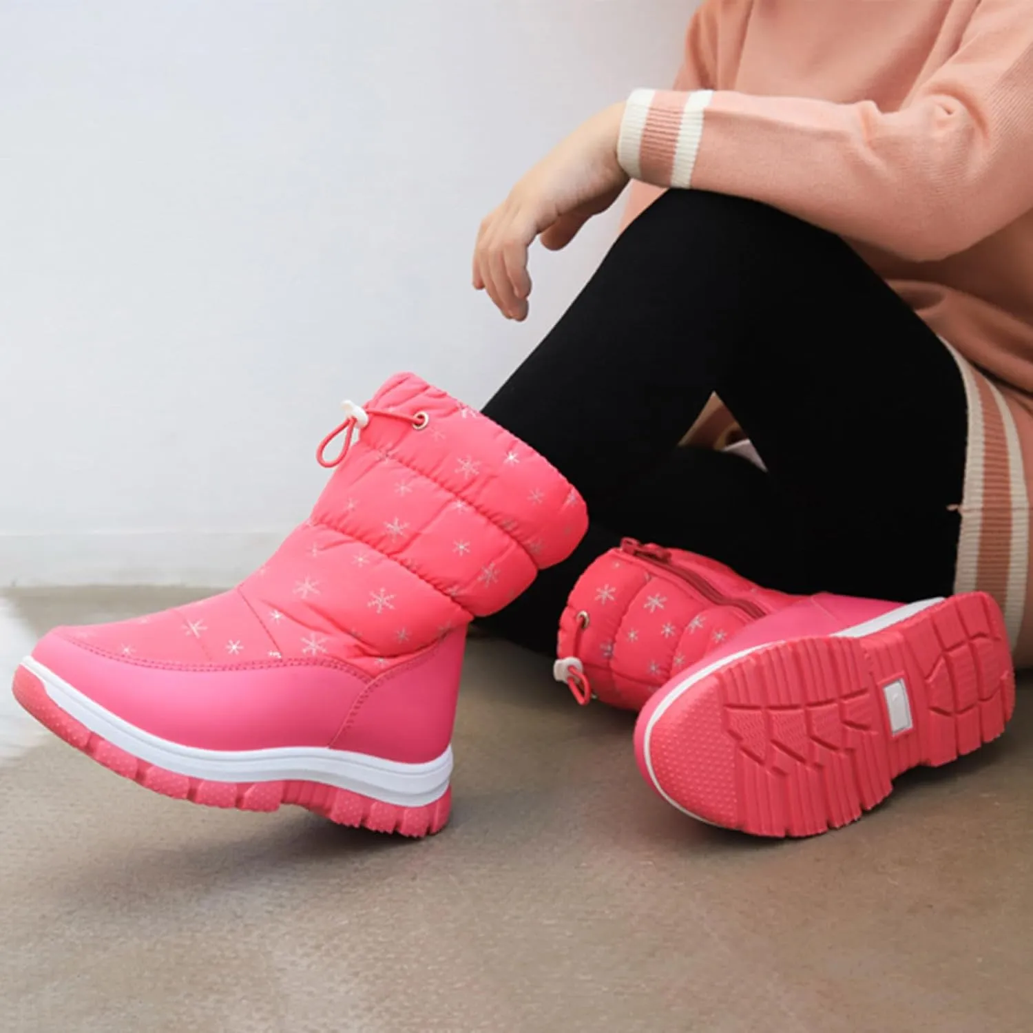 Snowshoes For Kids Thick Soles Non Slip Mid Calf Winter Chunky Snow Boots Girls Fur Lined Boots Insulated Hiking Boots