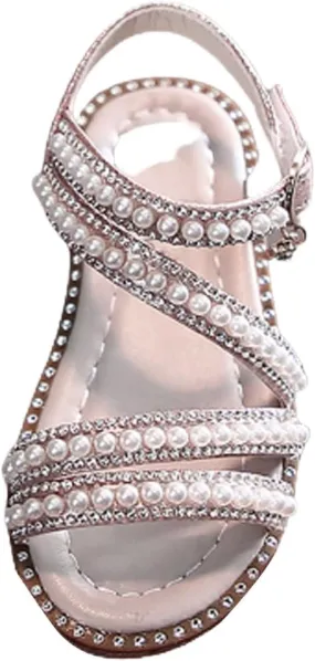 Strap Beaded Pearl Sequins Sandals for Girls Kids Princess Rubber Flat Wide Shoes Wedding Dance Open Toe Sandals Fancy