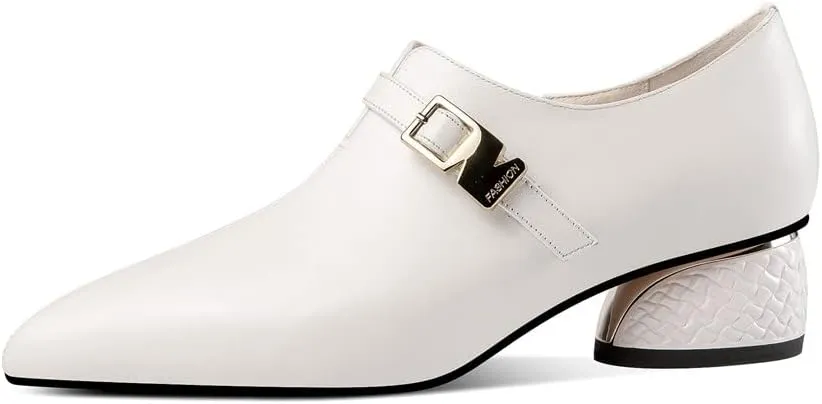 TinaCus Pointed Toe Genuine Leather Handmade Buckle with Zipper Low Chunky Heels Women's Chic Loafer Shoes