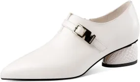 TinaCus Pointed Toe Genuine Leather Handmade Buckle with Zipper Low Chunky Heels Women's Chic Loafer Shoes