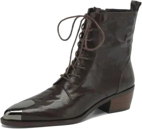TinaCus Women's Cap Toe Lace Up Genuine Leather Handmade Chunky Heels Chic Ankle Boots with Zipper