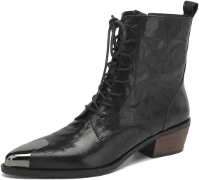 TinaCus Women's Cap Toe Lace Up Genuine Leather Handmade Chunky Heels Chic Ankle Boots with Zipper