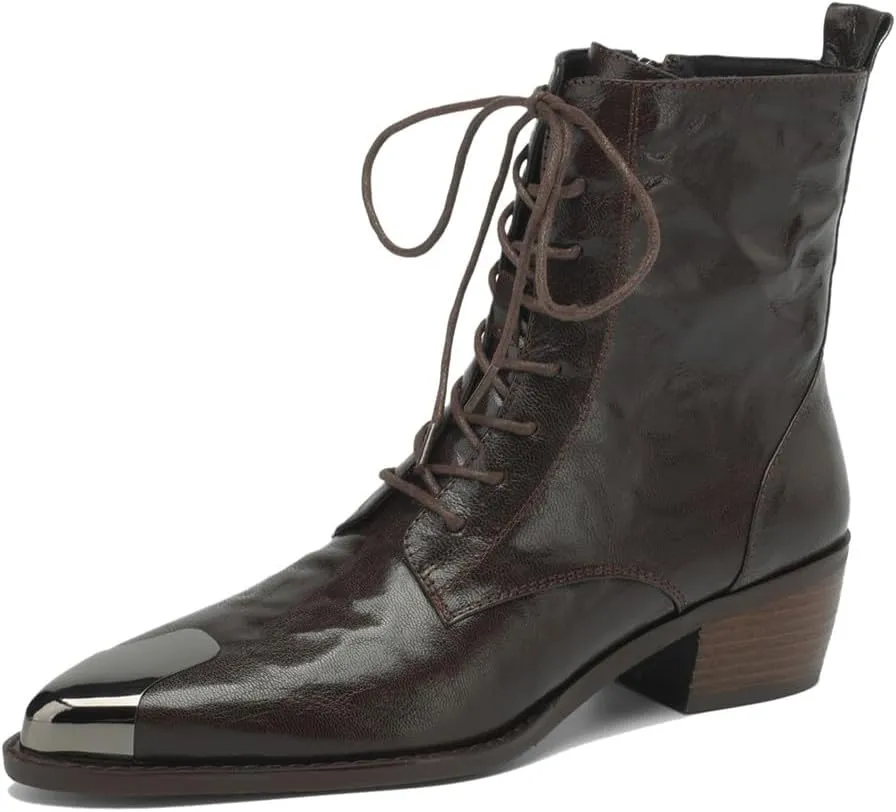 TinaCus Women's Cap Toe Lace Up Genuine Leather Handmade Chunky Heels Chic Ankle Boots with Zipper