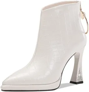 TinaCus Women's Genuine Leather Pointed Toe Handmade Back Zipper with Ring High Heels Chic Ankle Boots