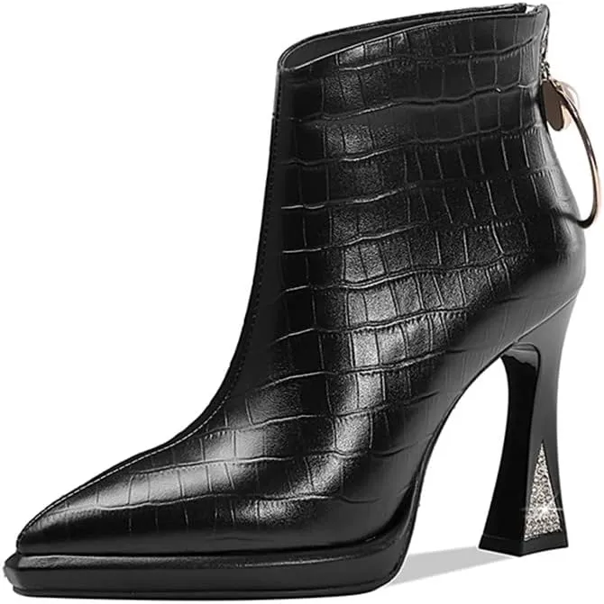 TinaCus Women's Genuine Leather Pointed Toe Handmade Back Zipper with Ring High Heels Chic Ankle Boots