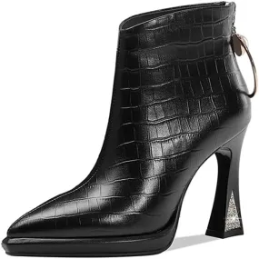 TinaCus Women's Genuine Leather Pointed Toe Handmade Back Zipper with Ring High Heels Chic Ankle Boots