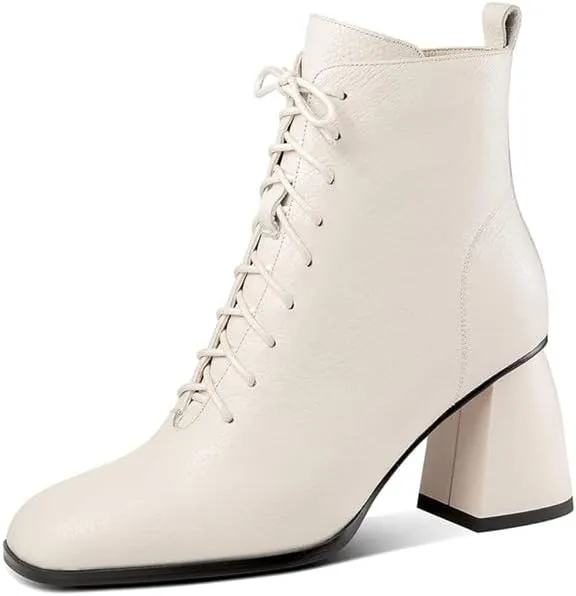 TinaCus Women's Genuine Leather Square Toe Handmade Selftie Side Zipper Mid Chunky Heels Chic Ankle Boots