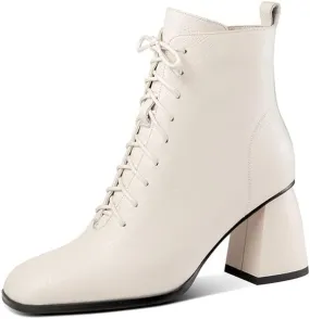 TinaCus Women's Genuine Leather Square Toe Handmade Selftie Side Zipper Mid Chunky Heels Chic Ankle Boots