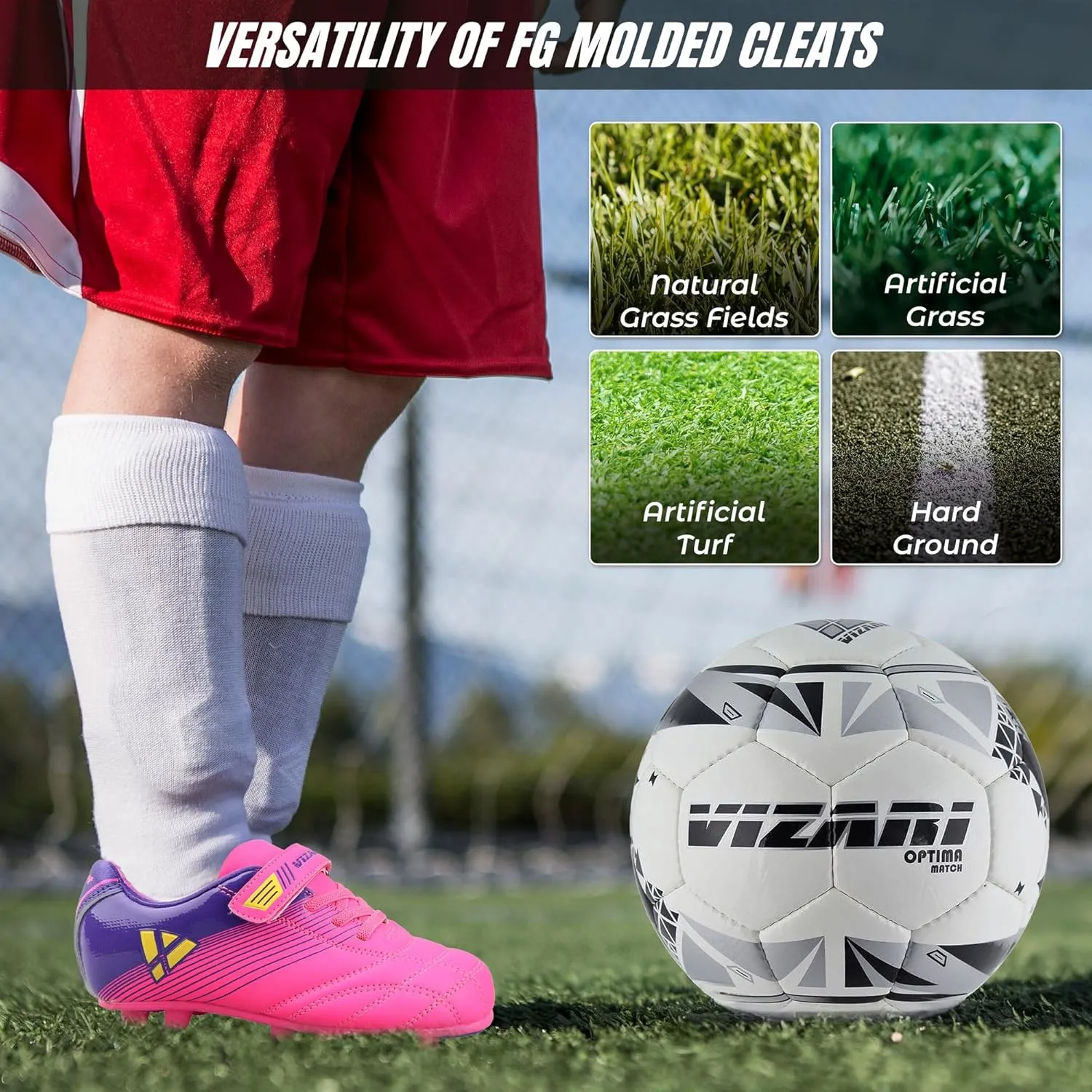 Vizari Loma FG Soccer Cleats for Kids | Firm Ground Shoes with Hook & Loop Closure | Synthetic Upper Toddler Shoes with Rubber Sole for Enhanced Performance and Traction | Ideal for Boys & Girls