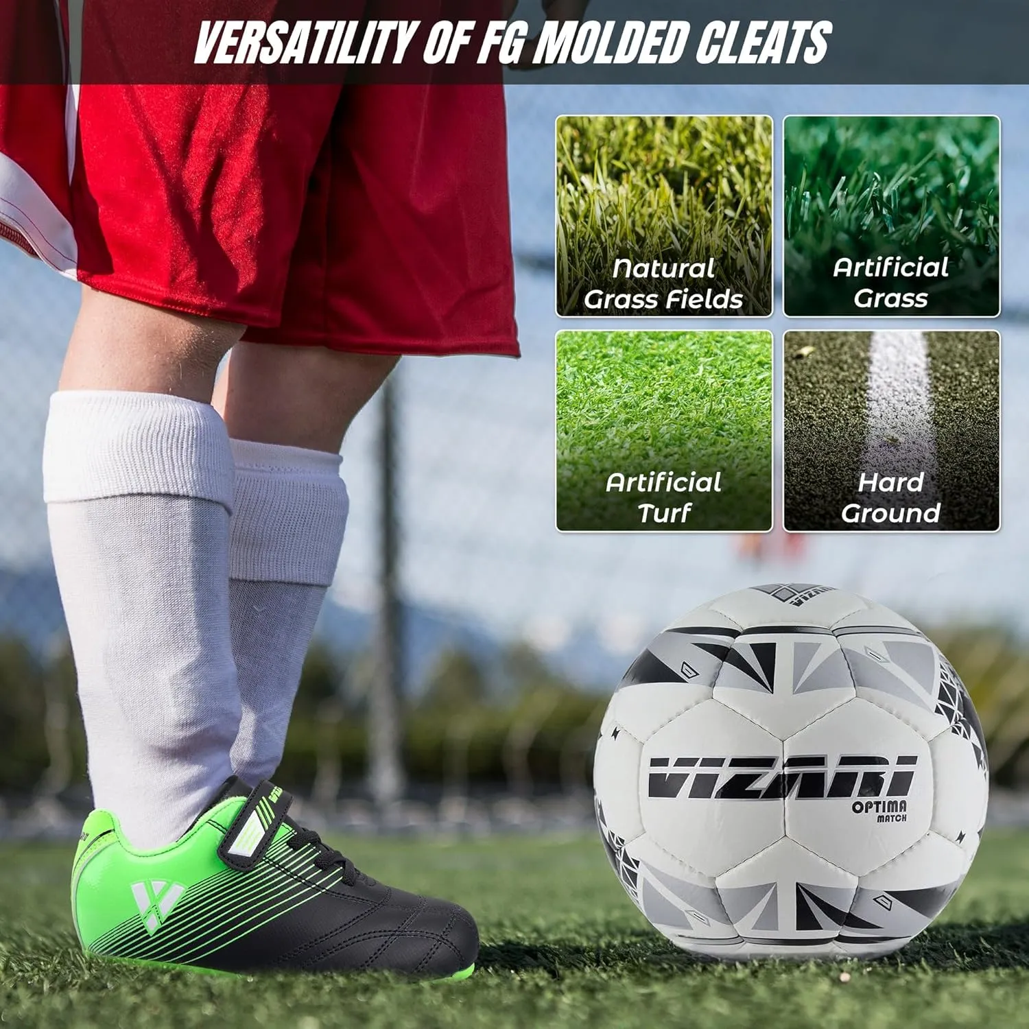 Vizari Loma FG Soccer Cleats for Kids | Firm Ground Shoes with Hook & Loop Closure | Synthetic Upper Toddler Shoes with Rubber Sole for Enhanced Performance and Traction | Ideal for Boys & Girls