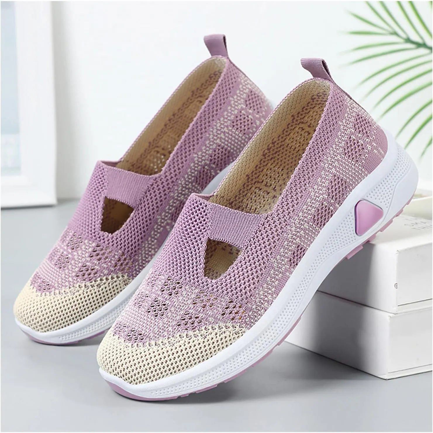 Walking Sneakers for Women Comfortable Breathable Knitted Sneakers Casual Slip on Woven Cut-Out Orthopedic Soft Arch Support Shoes Lightweight Knit Loafer