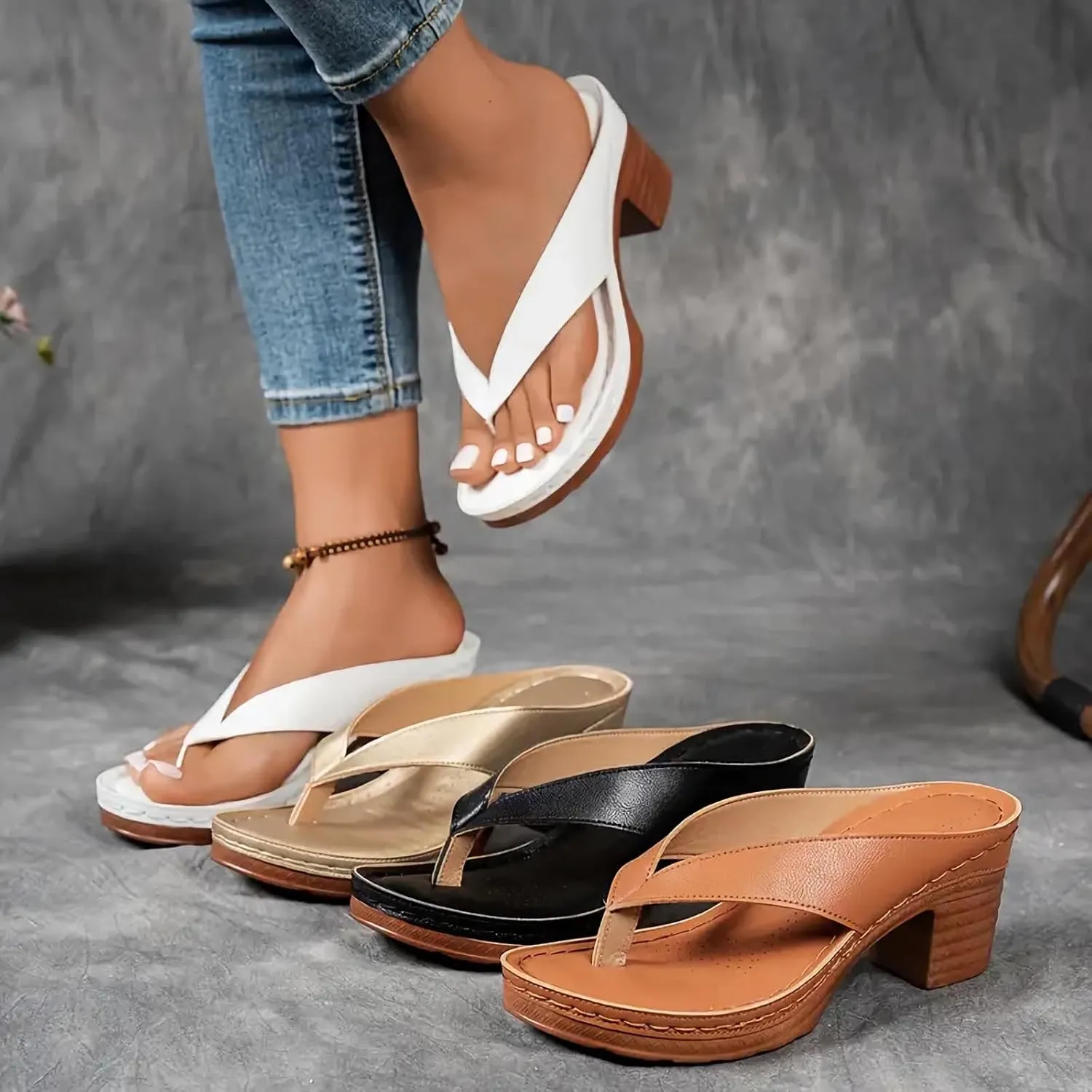 Wedge Sandals for Women Summer Orthopedic Dressy Chunky Heel Sandal Fashion Wedding Party Dress Sandals 2025 Summer Casual Wedge Thong Sandal with Arch Support Fashion Slip-on Open Toe Shoes 2025