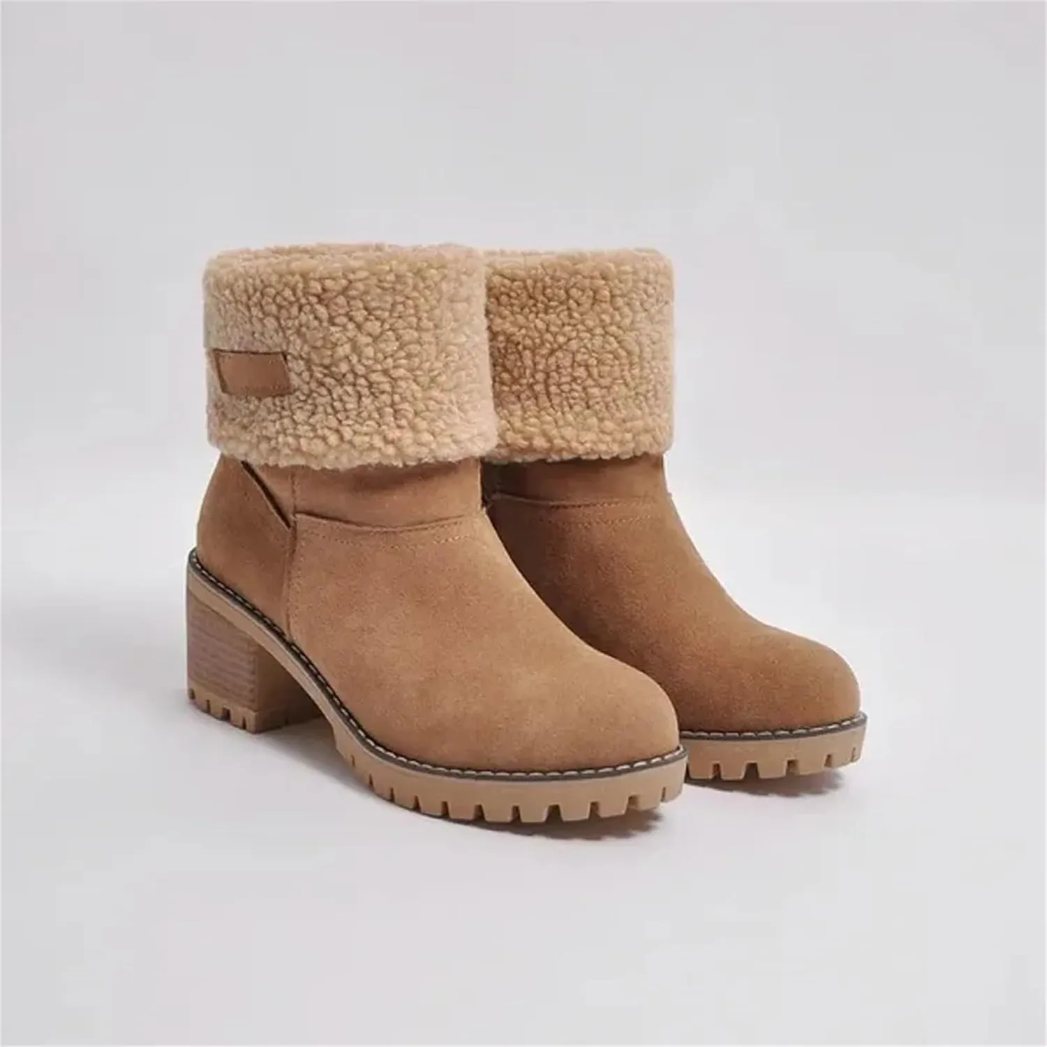 Winter Boots for Women Faux Fur Lined Slip On Mid Calf Chunky Heel Suede Ankle Boots Warm Comfy Snow Boots for Outdoor