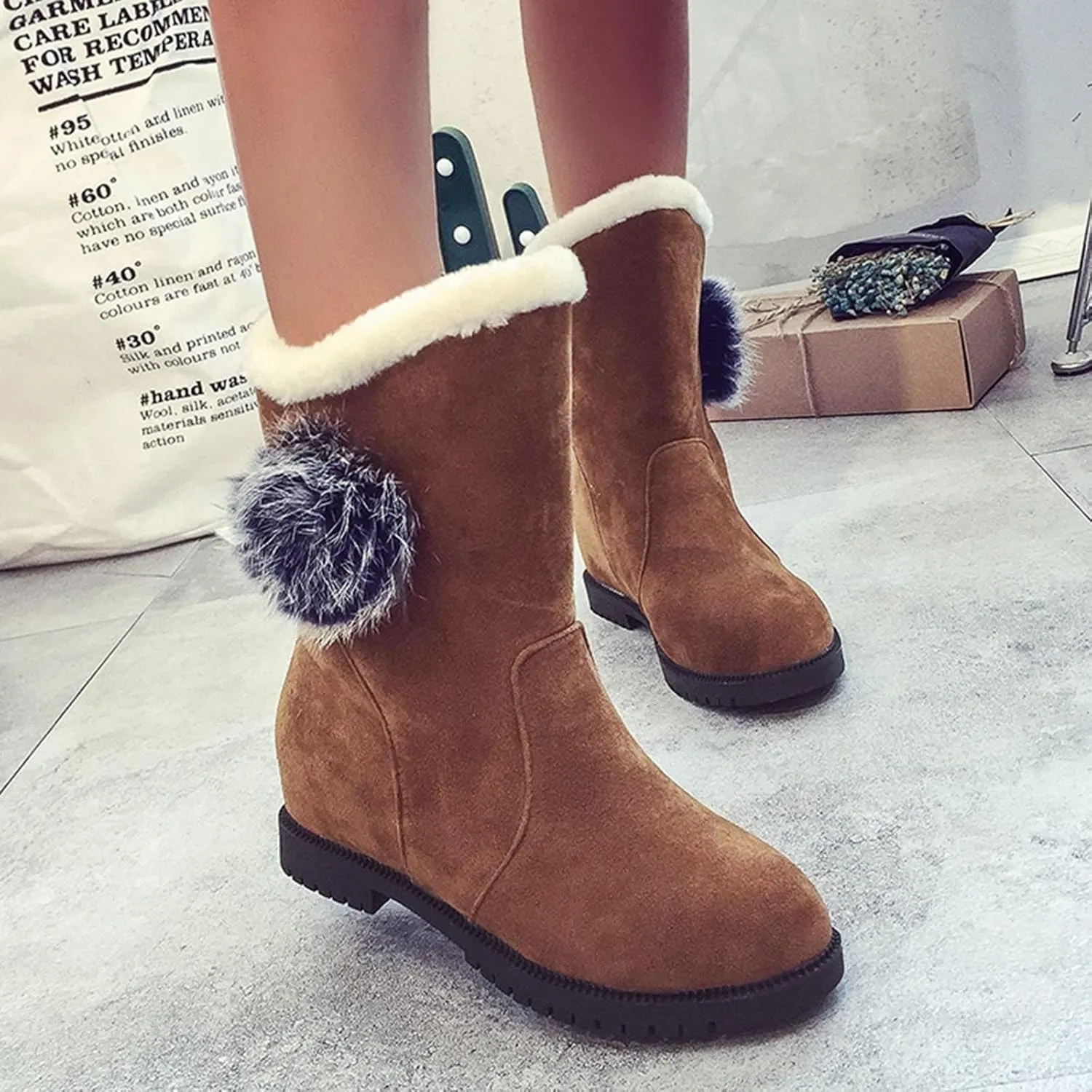 Winter Boots for Women Faux Fur Lined Slip On Mid Calf Chunky Heel Suede Ankle Boots Warm Comfy Snow Boots for Outdoor