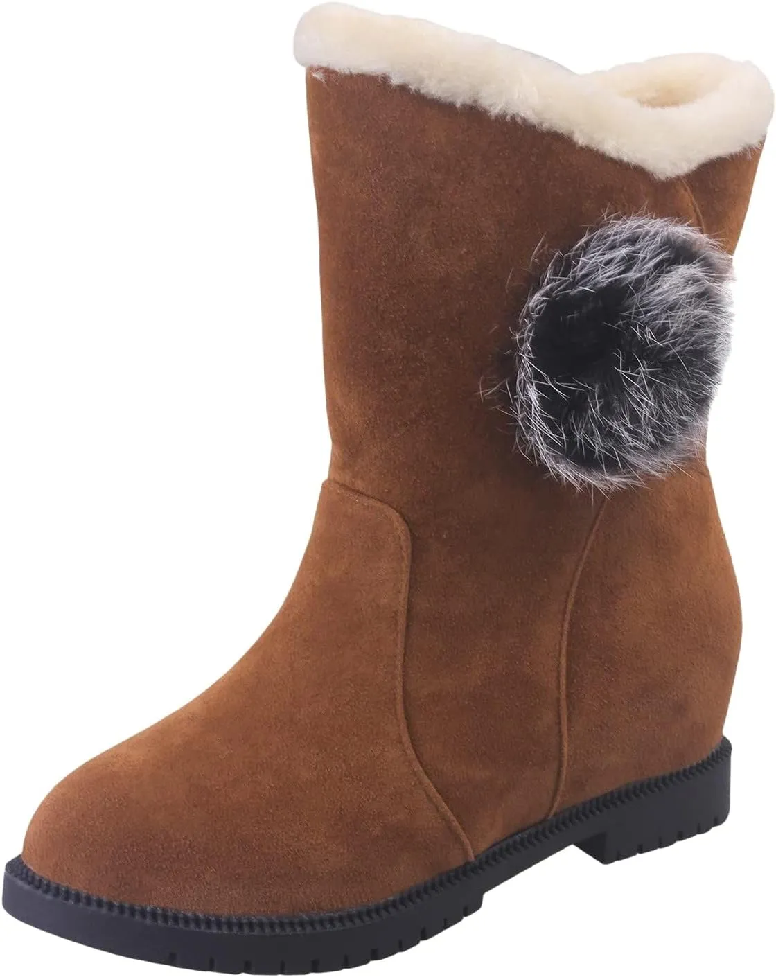 Winter Boots for Women Faux Fur Lined Slip On Mid Calf Chunky Heel Suede Ankle Boots Warm Comfy Snow Boots for Outdoor