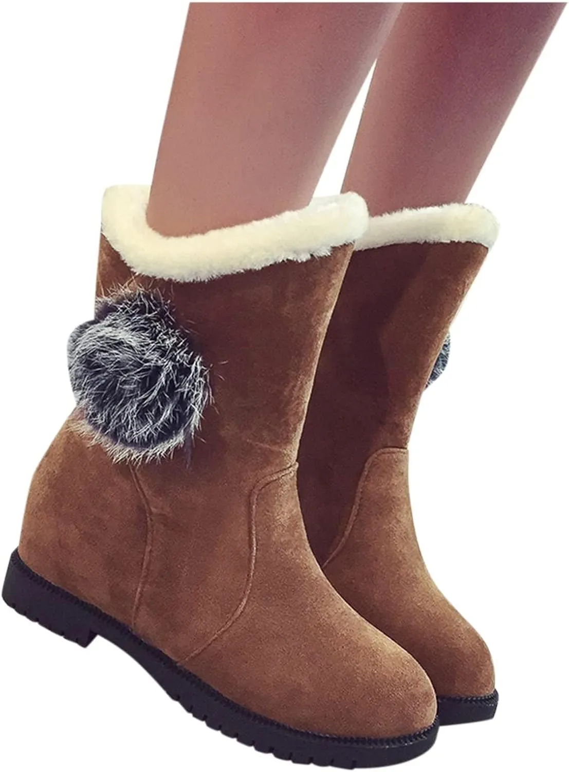 Winter Boots for Women Faux Fur Lined Slip On Mid Calf Chunky Heel Suede Ankle Boots Warm Comfy Snow Boots for Outdoor