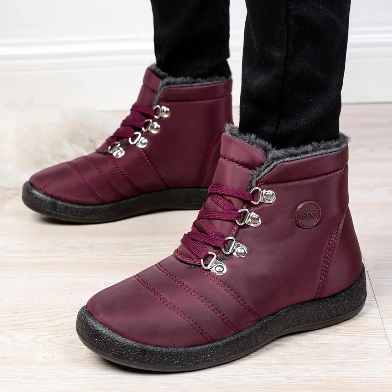 Winter Boots for Women,Water-proof Comfortable Fleece Lined Mid Calf Winter Snow Boots Wide Width Ankle Boots Lace up Snow Boots Winter Boots Insulated Non Slip Shoes for Outdoor Sport