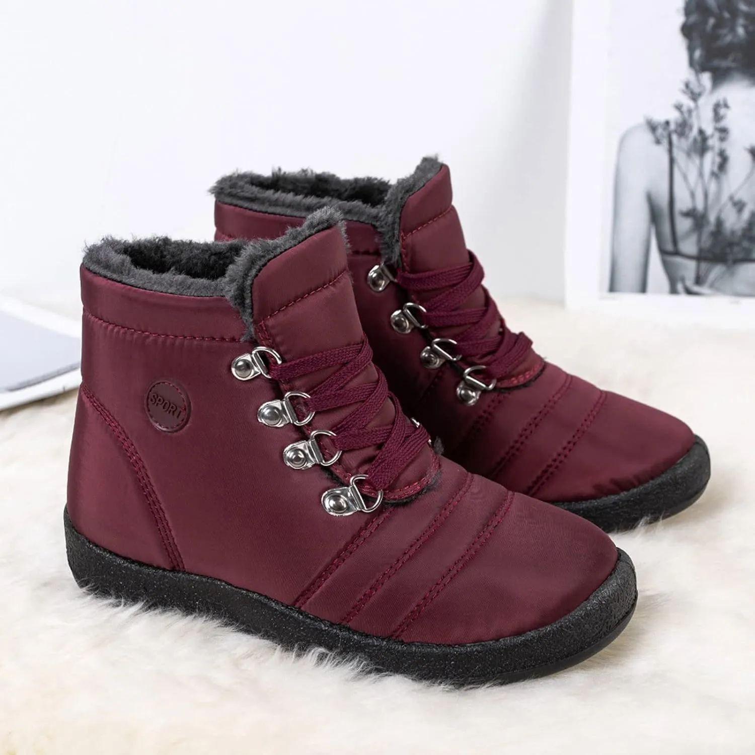 Winter Boots for Women,Water-proof Comfortable Fleece Lined Mid Calf Winter Snow Boots Wide Width Ankle Boots Lace up Snow Boots Winter Boots Insulated Non Slip Shoes for Outdoor Sport