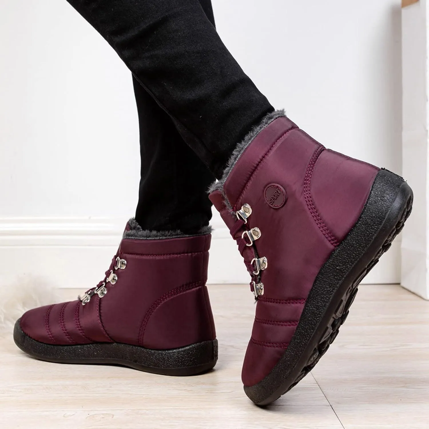 Winter Boots for Women,Water-proof Comfortable Fleece Lined Mid Calf Winter Snow Boots Wide Width Ankle Boots Lace up Snow Boots Winter Boots Insulated Non Slip Shoes for Outdoor Sport