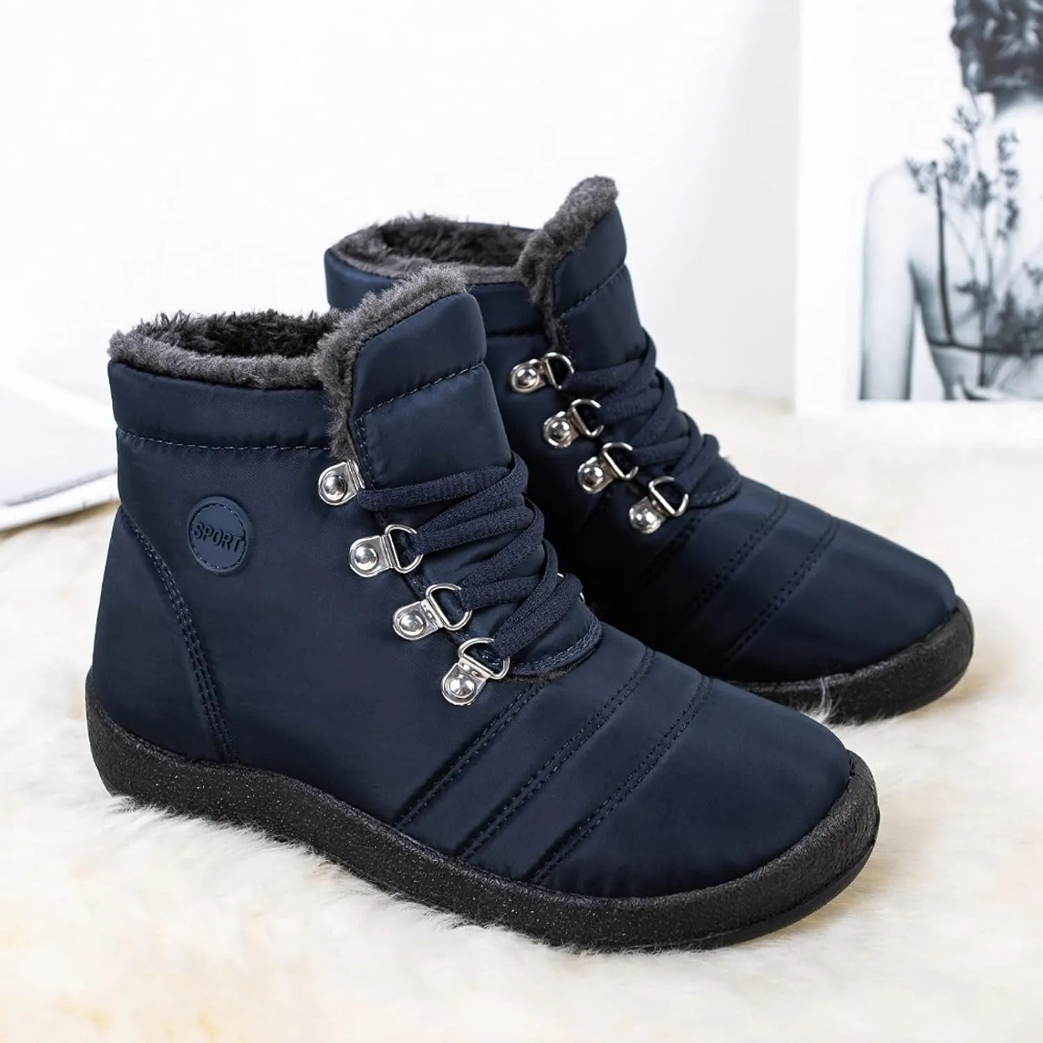 Winter Boots for Women,Water-proof Comfortable Fleece Lined Mid Calf Winter Snow Boots Wide Width Ankle Boots Lace up Snow Boots Winter Boots Insulated Non Slip Shoes for Outdoor Sport
