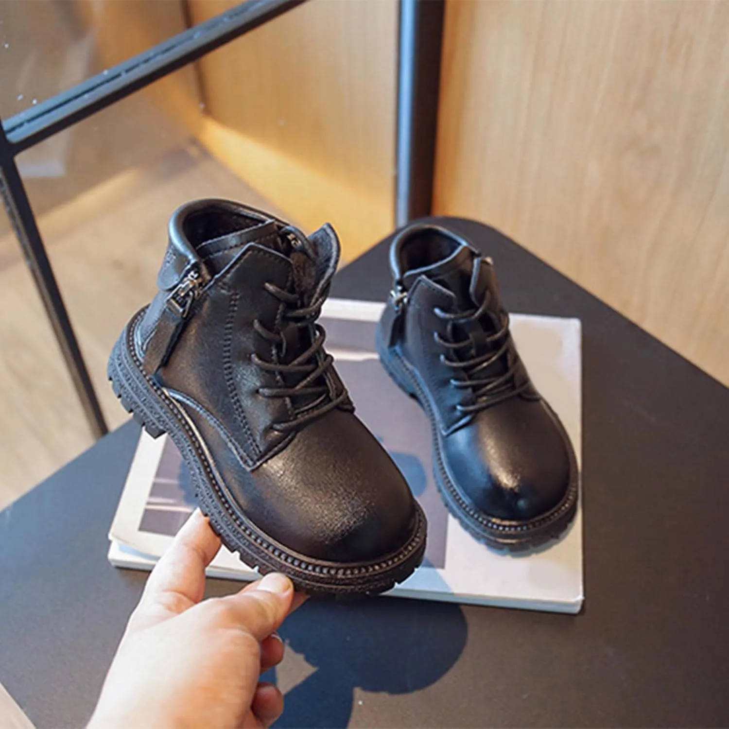 Winter Children Boots Boys Girls Ankle Boots Round Toe Thick Sole Non Slip Warm Both Side Zipper Bootie Hiking Shoes (Black, 6-7 Years Little Child)