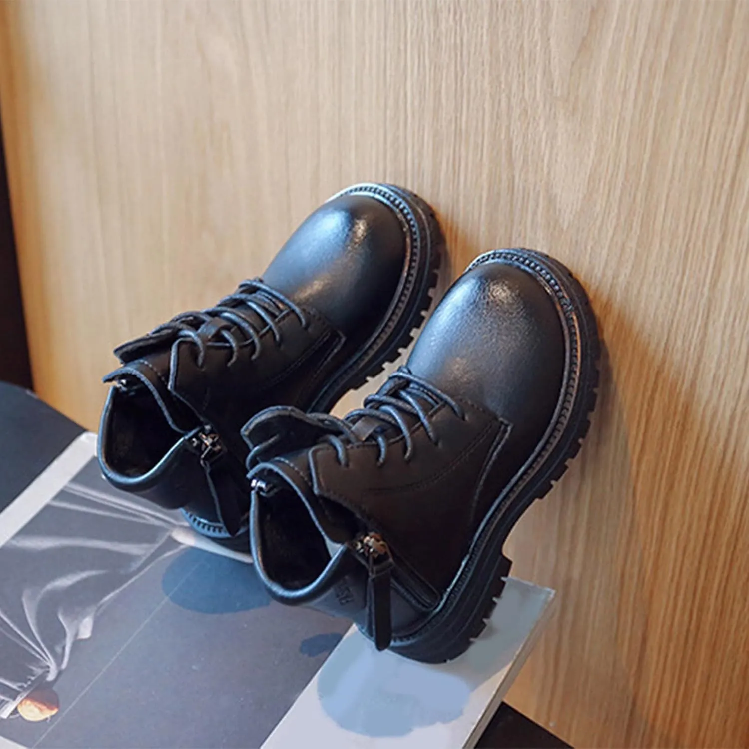 Winter Children Boots Boys Girls Ankle Boots Round Toe Thick Sole Non Slip Warm Both Side Zipper Bootie Hiking Shoes (Black, 6-7 Years Little Child)