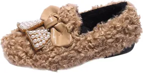 Winter Children Shoes Baby Girls Cotton Shoes Flat Non Slip Pearl Bow Plush Warm Lightweight Comfortable Slippers (Khaki, 9.5-10 Years Big Kids)
