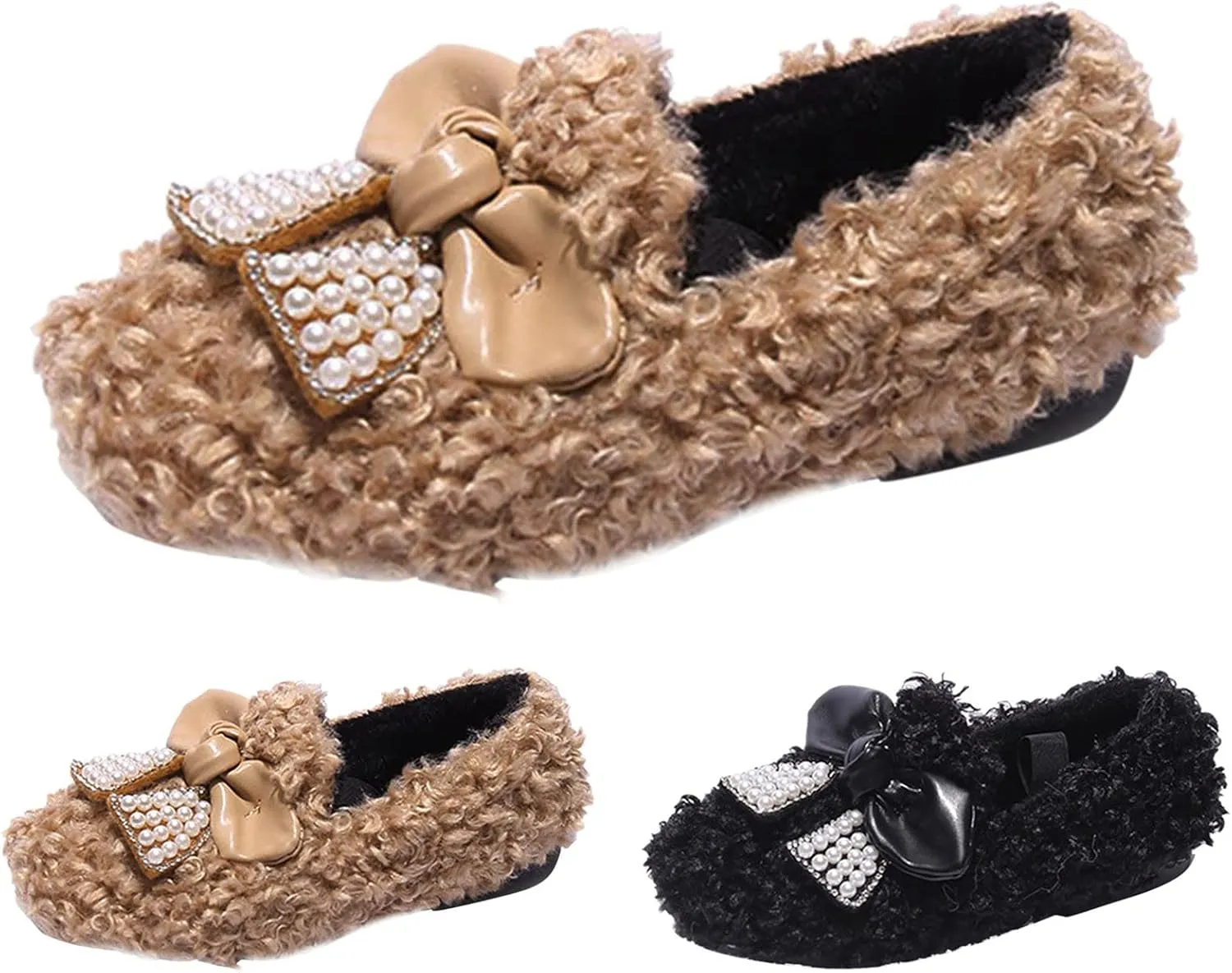 Winter Children Shoes Baby Girls Cotton Shoes Flat Non Slip Pearl Bow Plush Warm Lightweight Comfortable Slippers (Khaki, 9.5-10 Years Big Kids)