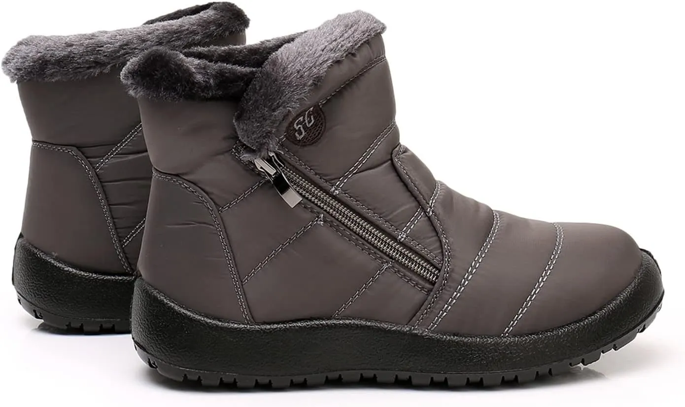 Winter Snow Boots For Women Water-proof Thermal Fleece Lined Mid Calf Boots Warm Fuzzy Ankle Booties Fashion Side Zipper Outdoor Booties Anti-Slip Work Short Boots For Ladies Girls