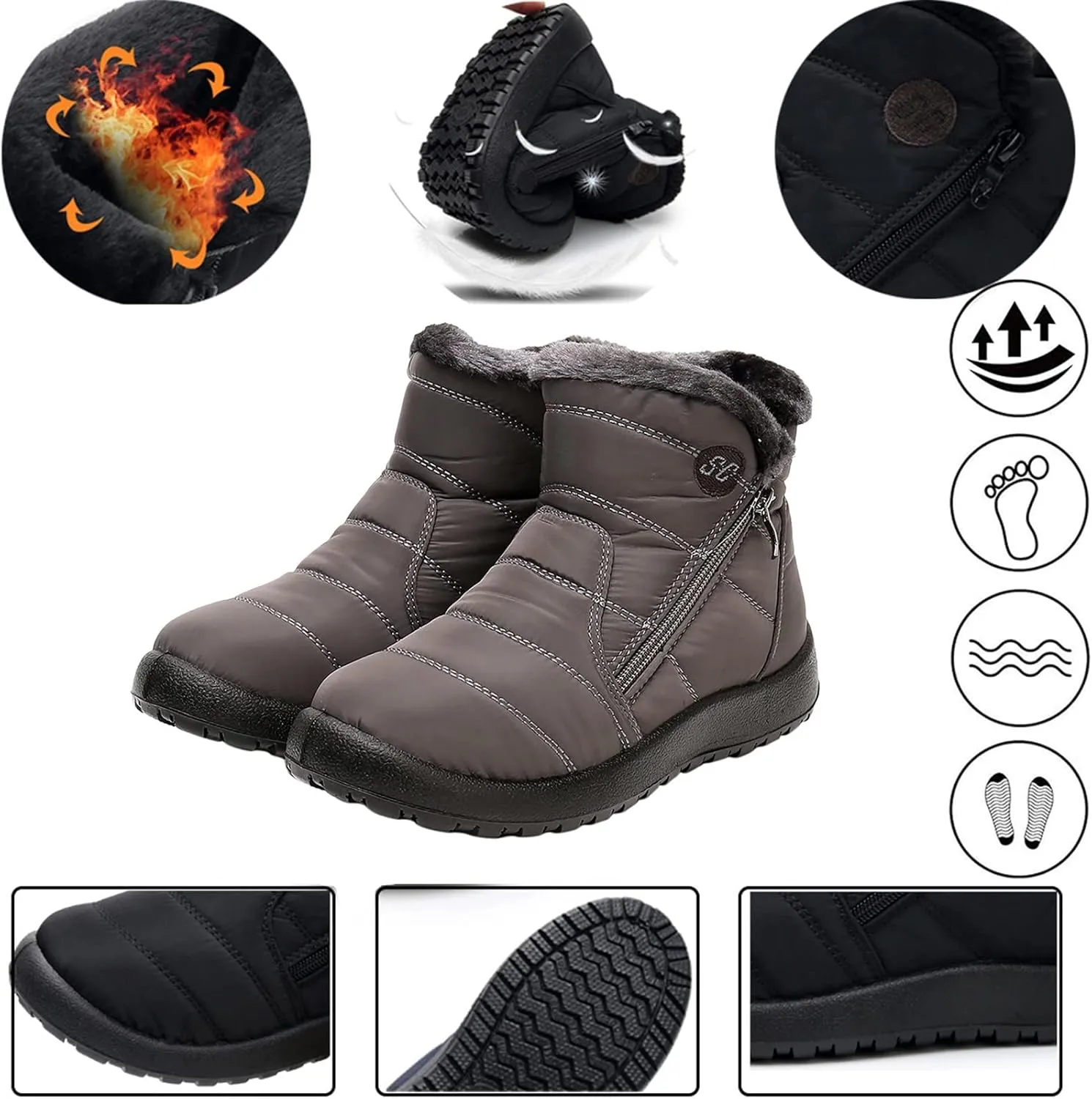 Winter Snow Boots For Women Water-proof Thermal Fleece Lined Mid Calf Boots Warm Fuzzy Ankle Booties Fashion Side Zipper Outdoor Booties Anti-Slip Work Short Boots For Ladies Girls