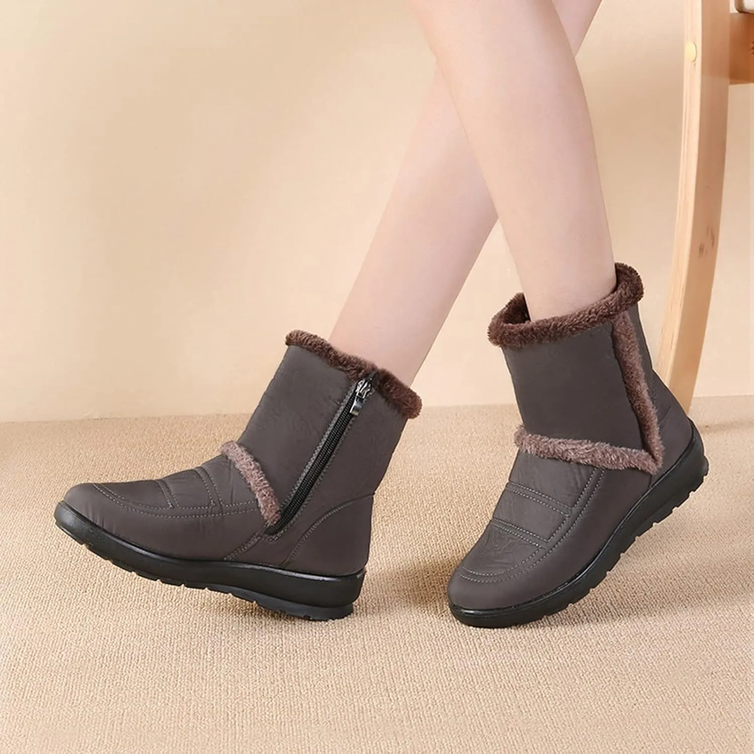 Women Winter Snow Boots Water-proof Ankle Boots Mid Calf Womens Boots with Fleece Lined Anti Slip Booties Comfortale Outdoor Shoes Wide Width Low Wedge Heel Booties with Arch Support
