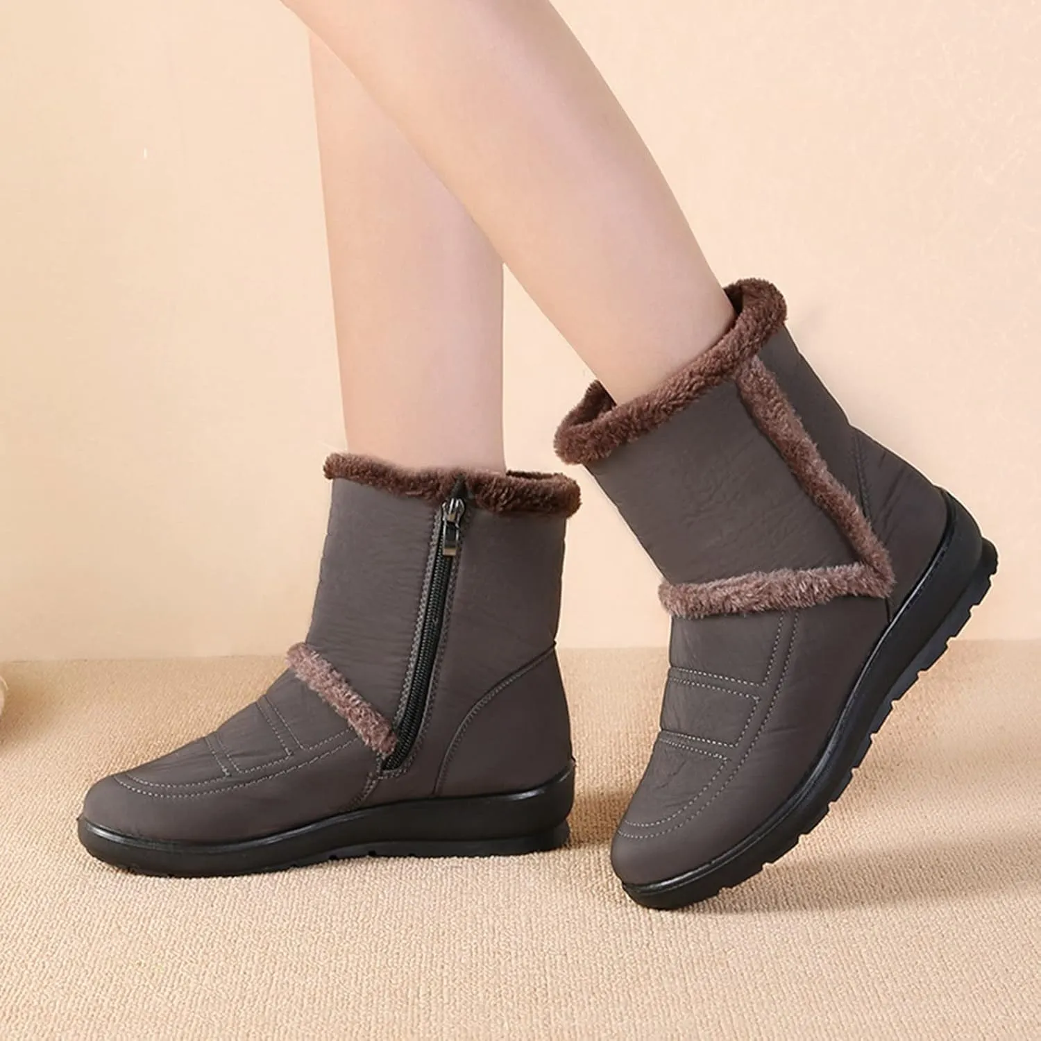 Women Winter Snow Boots Water-proof Ankle Boots Mid Calf Womens Boots with Fleece Lined Anti Slip Booties Comfortale Outdoor Shoes Wide Width Low Wedge Heel Booties with Arch Support