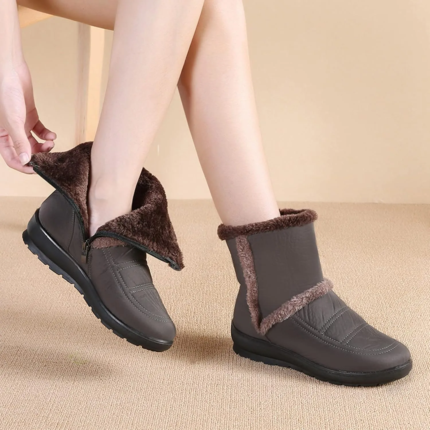 Women Winter Snow Boots Water-proof Ankle Boots Mid Calf Womens Boots with Fleece Lined Anti Slip Booties Comfortale Outdoor Shoes Wide Width Low Wedge Heel Booties with Arch Support