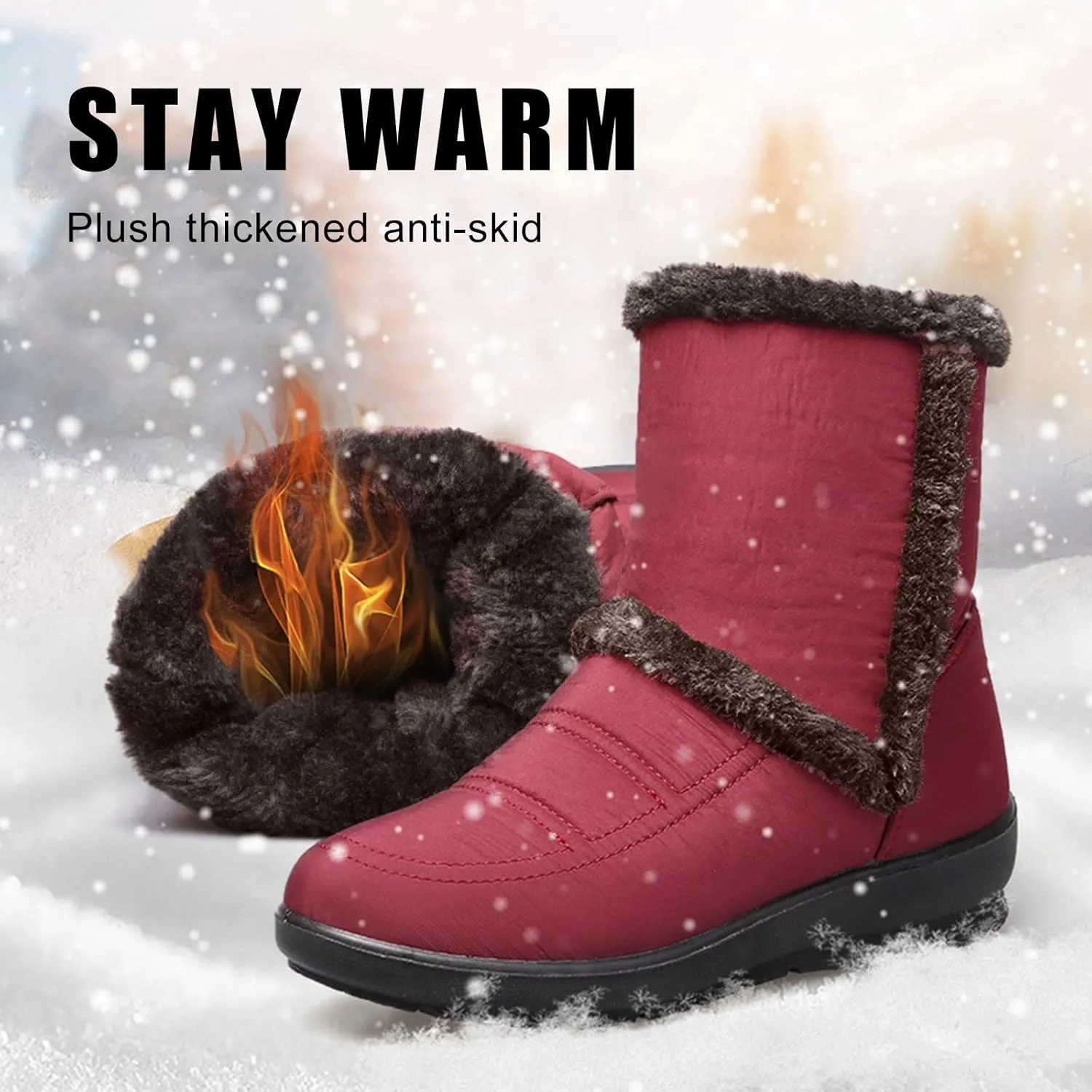 Women Winter Snow Boots Water-proof Ankle Boots Mid Calf Womens Boots with Fleece Lined Anti Slip Booties Comfortale Outdoor Shoes Wide Width Low Wedge Heel Booties with Arch Support