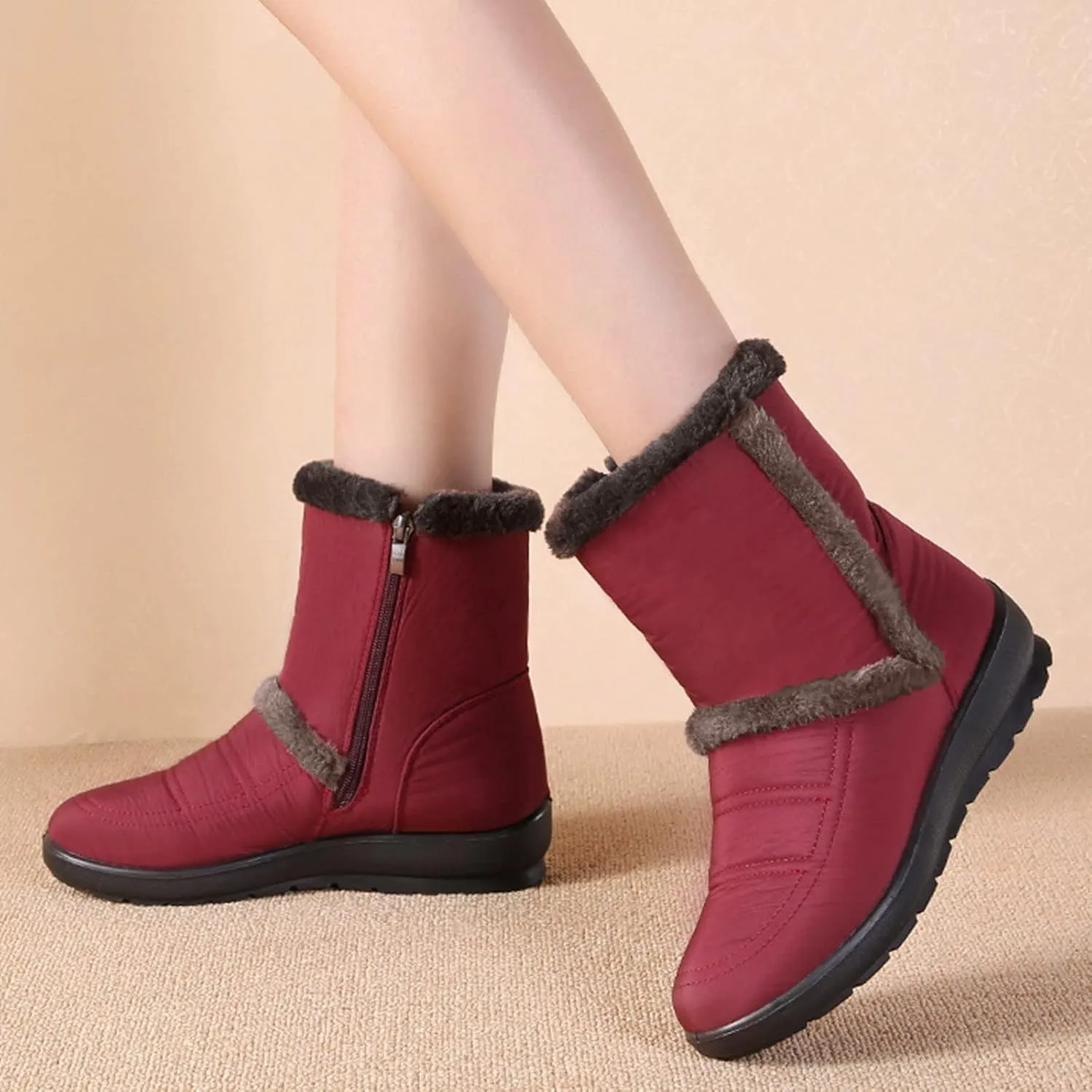 Women Winter Snow Boots Water-proof Ankle Boots Mid Calf Womens Boots with Fleece Lined Anti Slip Booties Comfortale Outdoor Shoes Wide Width Low Wedge Heel Booties with Arch Support