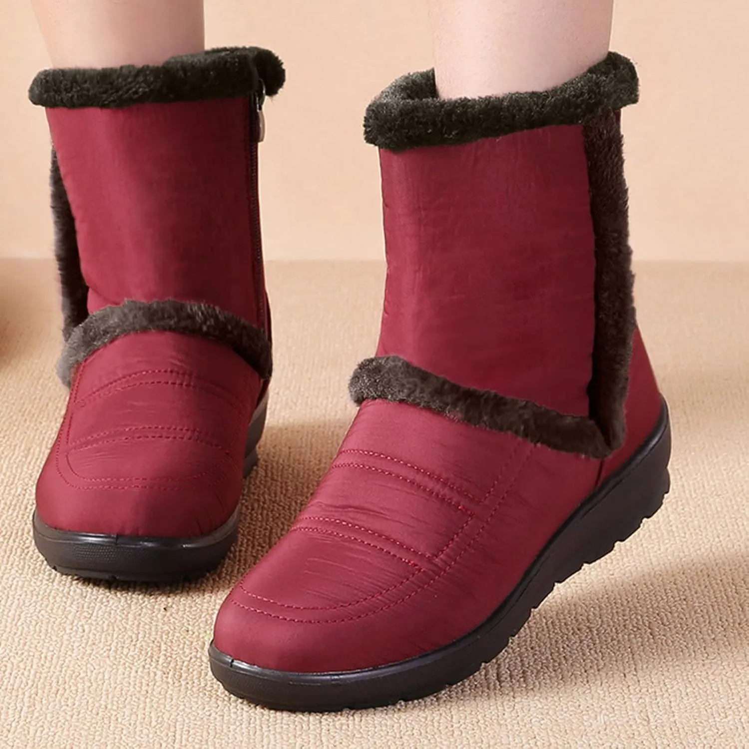 Women Winter Snow Boots Water-proof Ankle Boots Mid Calf Womens Boots with Fleece Lined Anti Slip Booties Comfortale Outdoor Shoes Wide Width Low Wedge Heel Booties with Arch Support