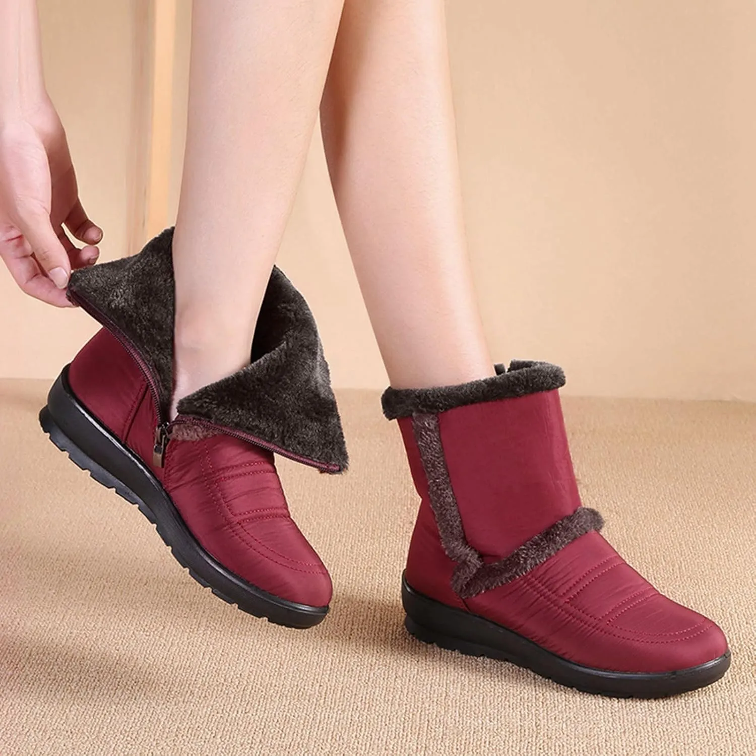 Women Winter Snow Boots Water-proof Ankle Boots Mid Calf Womens Boots with Fleece Lined Anti Slip Booties Comfortale Outdoor Shoes Wide Width Low Wedge Heel Booties with Arch Support