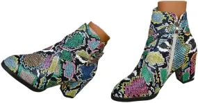 Women's Ankle Boots - Low Heeled Booties for Women Fashion Closed Toe Multi Buckle Ankle Bootie Chunky Block Heel Side Zipper Slip On Short Booties Vintage Snakeskin Chelsea Boots