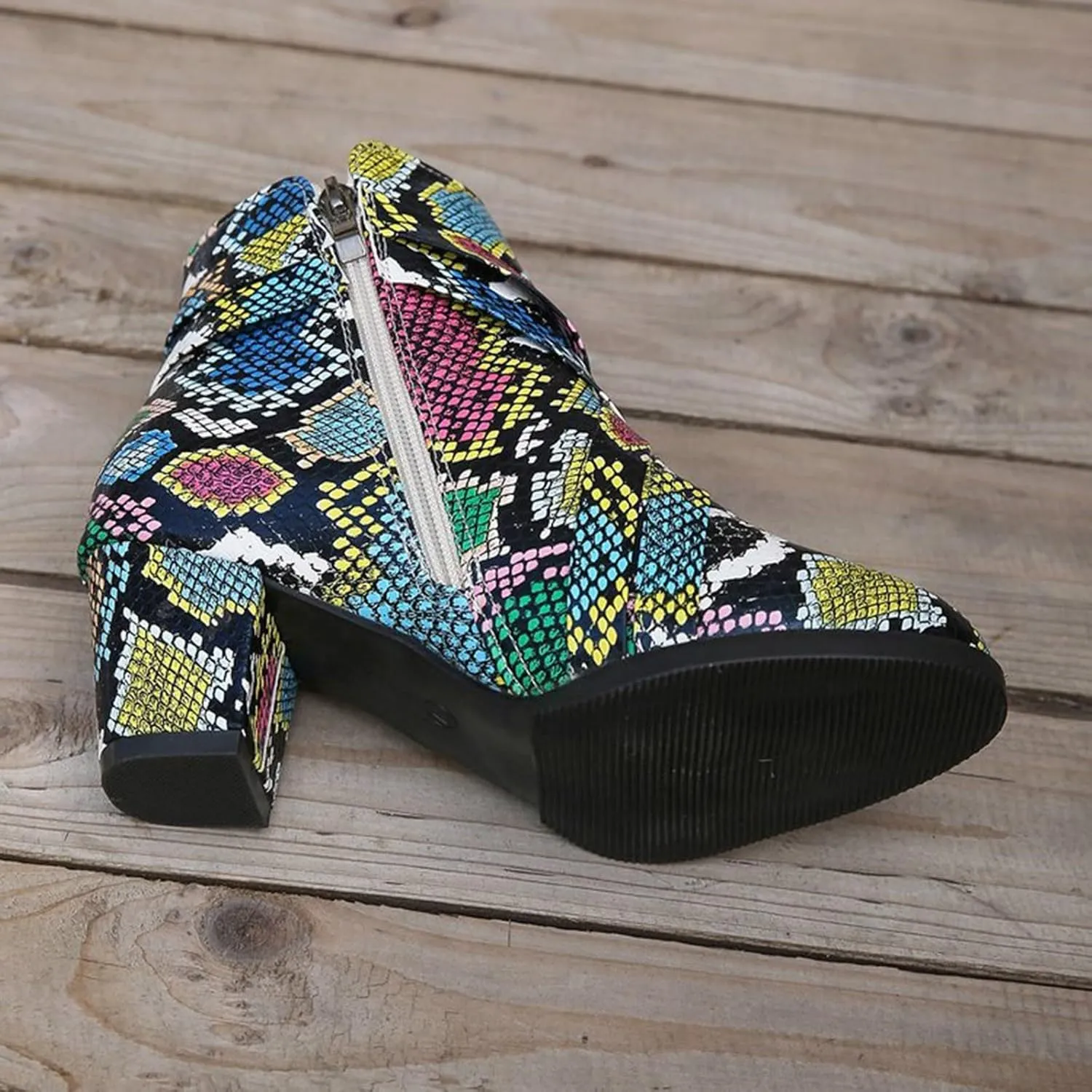 Women's Ankle Boots - Low Heeled Booties for Women Fashion Closed Toe Multi Buckle Ankle Bootie Chunky Block Heel Side Zipper Slip On Short Booties Vintage Snakeskin Chelsea Boots